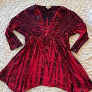 One World Women's Y2K Gothic Velvet Velour 3/4 Sleeve Boho Tunic Blouse Size L